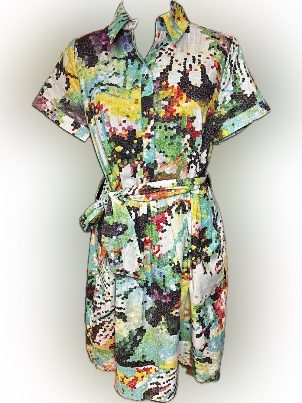 Katherine Barclay Mosaic Floral Cotton Shirt Dress with Belt Sz 6
